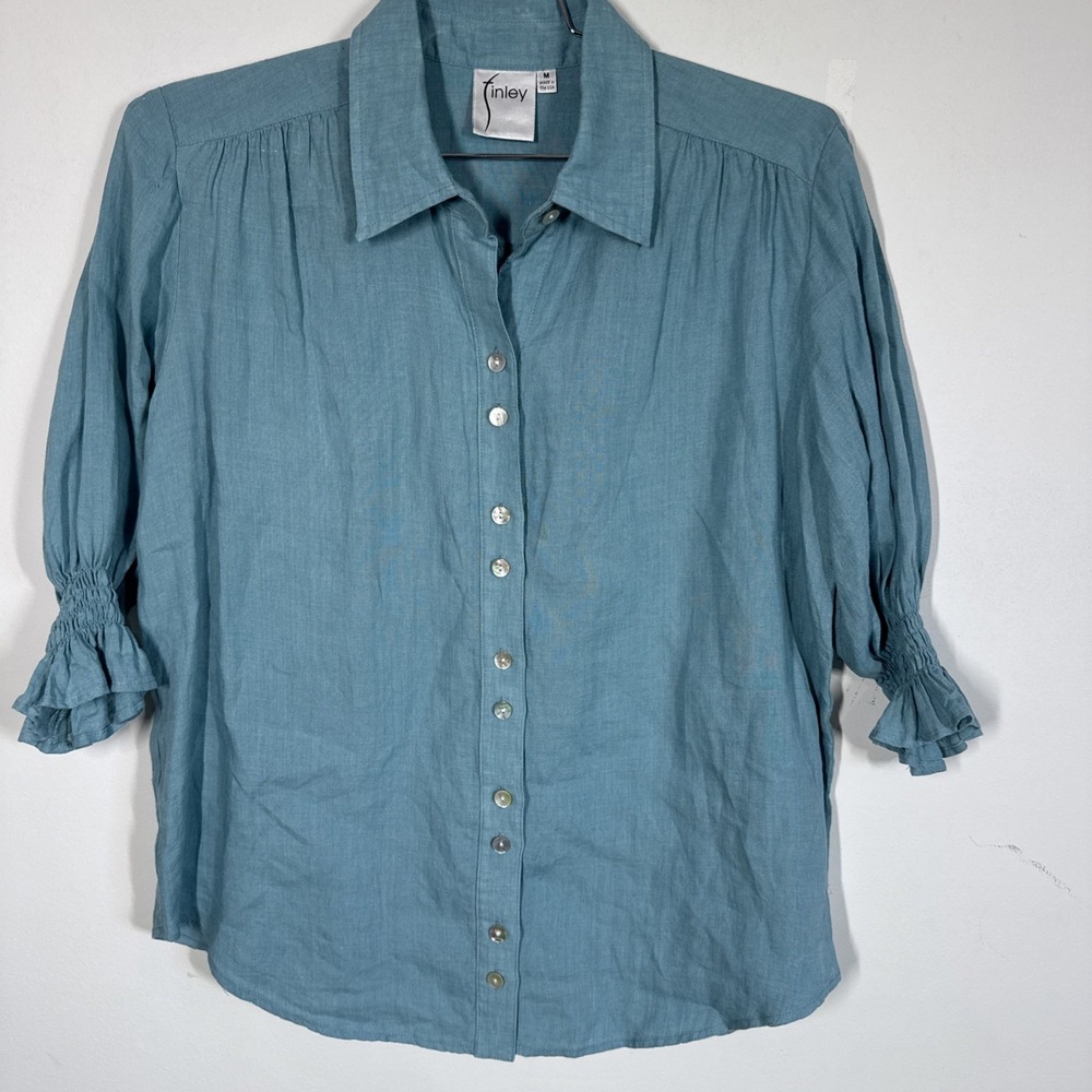 Finley Women's 100% Linen Button Up Sirena Top Size M Puff Sleeves Boho Festival